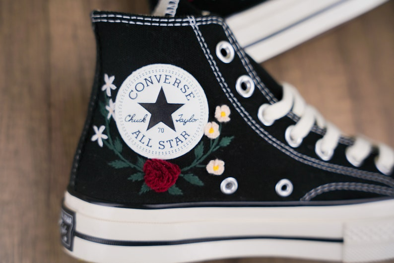 Custom Black Converse Chuck Taylor Embroidered, Rose Flowers Hand Embroidered Converse