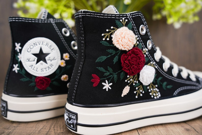 Custom Black Converse Chuck Taylor Embroidered, Rose Flowers Hand Embroidered Converse