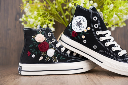 Custom Black Converse Chuck Taylor Embroidered, Rose Flowers Hand Embroidered Converse