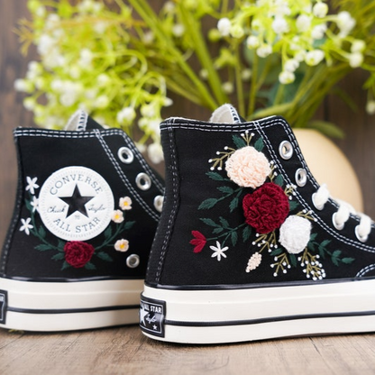 Custom Black Converse Chuck Taylor Embroidered, Rose Flowers Hand Embroidered Converse