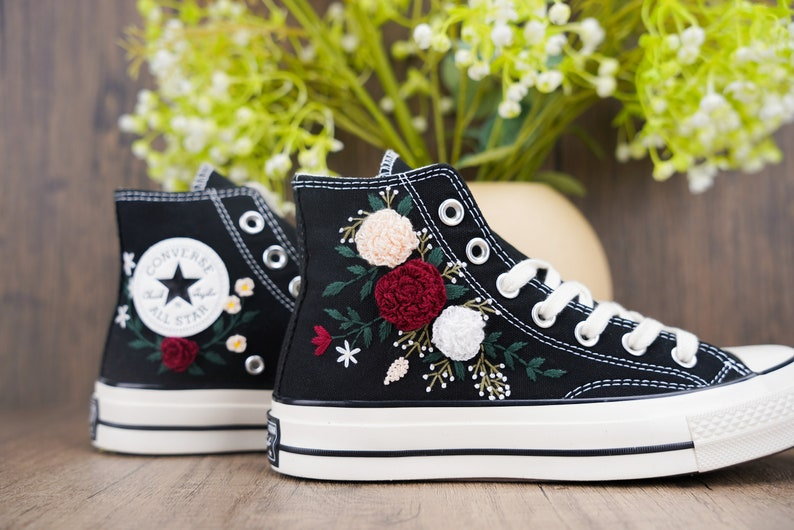 Custom Black Converse Chuck Taylor Embroidered, Rose Flowers Hand Embroidered Converse