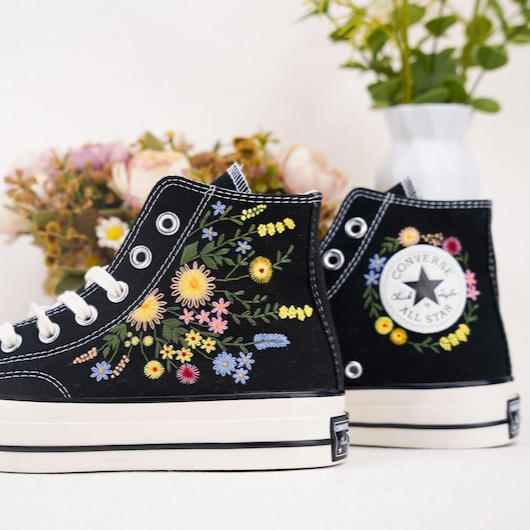 Custom Converse Chuck Taylor Embroidered, Colorful Flowers Hand Embroidered Converse, Wedding Flowers Shoes