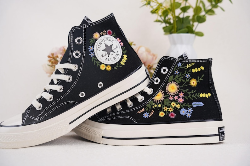 Custom Converse Chuck Taylor Embroidered, Colorful Flowers Hand Embroidered Converse, Wedding Flowers Shoes