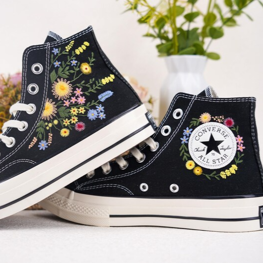 Custom Converse Chuck Taylor Embroidered, Hand Embroidered Converse, Custom Wedding Flowers