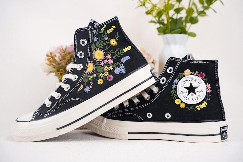 Custom Converse Chuck Taylor Embroidered, Colorful Flowers Hand Embroidered Converse, Wedding Flowers Shoes