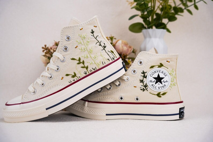 Custom Converse Chuck Taylor Embroidered, Small Floral And Bee Hand Embroidered Converse, Wedding Flowers Shoes