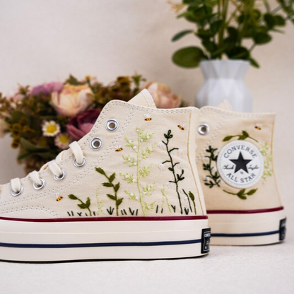 Custom Converse Chuck Taylor Embroidered, Small Floral And Bee Hand Embroidered Converse, Wedding Flowers Shoes