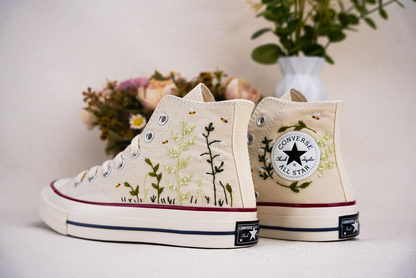 Custom Converse Chuck Taylor Embroidered, Small Floral And Bee Hand Embroidered Converse, Wedding Flowers Shoes