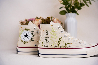 Custom Converse Chuck Taylor Embroidered, Small Floral And Bee Hand Embroidered Converse, Wedding Flowers Shoes