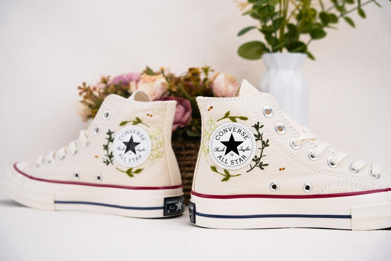 Custom Converse Chuck Taylor Embroidered, Small Floral And Bee Hand Embroidered Converse, Wedding Flowers Shoes