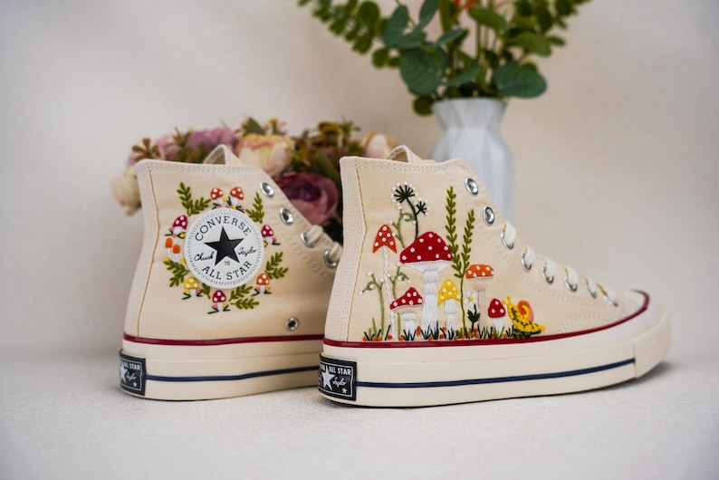 Custom Converse Chuck Taylor Embroidered, Strawbery And Snail Hand Embroidered Converse, Wedding Flowers Shoes