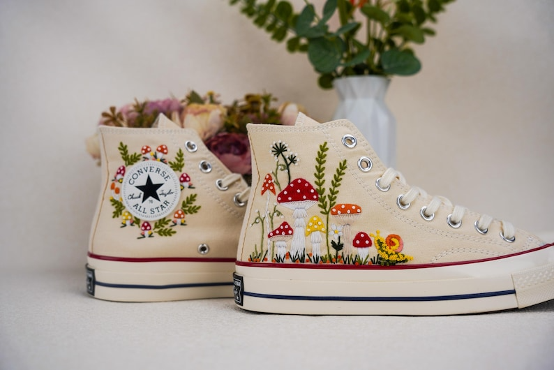 Custom Converse Chuck Taylor Embroidered, Strawbery And Snail Hand Embroidered Converse, Wedding Flowers Shoes