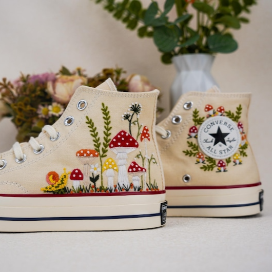 Custom Converse Chuck Taylor Embroidered, Strawbery And Snail Hand Embroidered Converse, Wedding Flowers Shoes