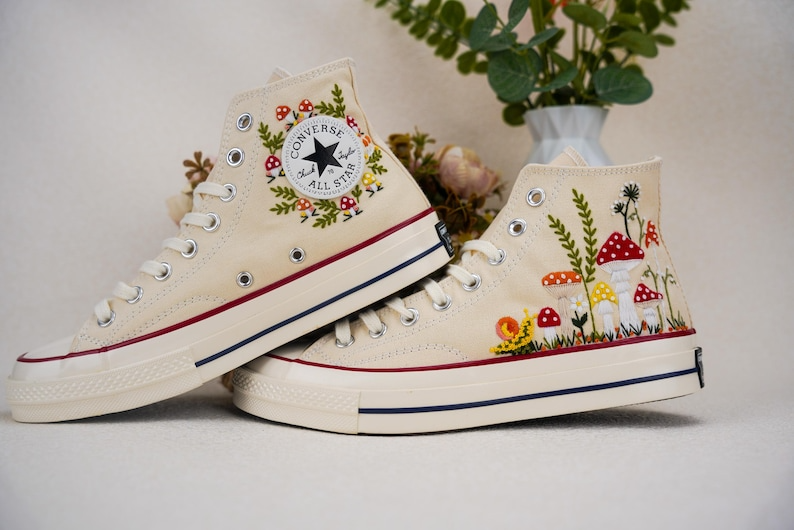 Custom Converse Chuck Taylor Embroidered, Strawbery And Snail Hand Embroidered Converse, Wedding Flowers Shoes