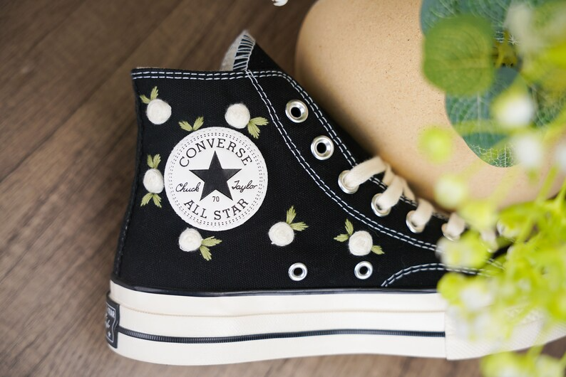 Custom Embroidered Converse Chuck Taylor, White Roses Hand Embroidered Converse, Wedding Flowers Shoes