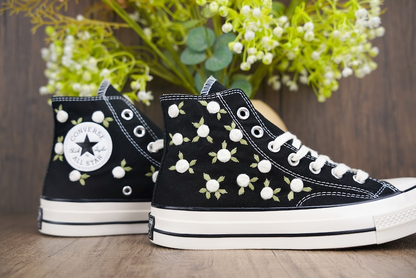 Custom Embroidered Converse Chuck Taylor, White Roses Hand Embroidered Converse, Wedding Flowers Shoes