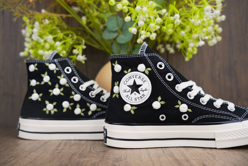 Custom Embroidered Converse Chuck Taylor, White Roses Hand Embroidered Converse, Wedding Flowers Shoes