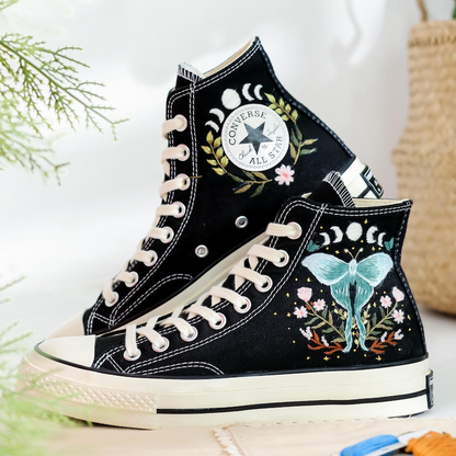 Embroidered Converse, Gothic Luna Moth Embroidered Shoes, Celestial Butterfly Embroidered Sneakers, Luna Moth Embroidery, Halloween Vibes