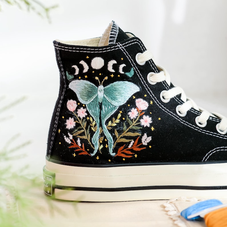 Embroidered Converse, Gothic Luna Moth Embroidered Shoes, Celestial Butterfly Embroidered Sneakers, Luna Moth Embroidery, Halloween Vibes