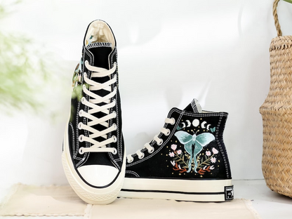 Embroidered Converse, Gothic Luna Moth Embroidered Shoes, Celestial Butterfly Embroidered Sneakers, Luna Moth Embroidery, Halloween Vibes