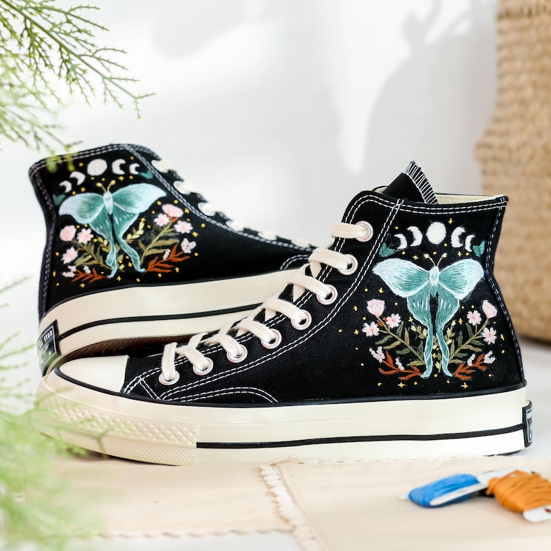 Embroidered Converse, Gothic Luna Moth Embroidered Shoes, Celestial Butterfly Embroidered Sneakers, Luna Moth Embroidery, Halloween Vibes