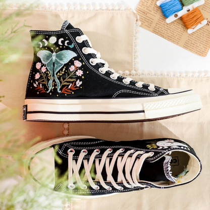 Embroidered Converse, Gothic Luna Moth Embroidered Shoes, Celestial Butterfly Embroidered Sneakers, Luna Moth Embroidery, Halloween Vibes