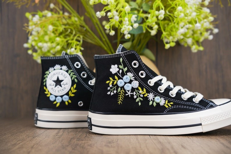 Custom Converse Chuck Taylor Embroidered, Blue Rose Flower Hand Embroidered Converse, Custom Wedding Shoes