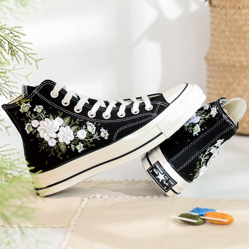 Custom Embroidered Converse High Tops, Custom Shoes Taylor 1970s White Flower Embroidered, Wedding Flower Embroidered Sneaker for Bride