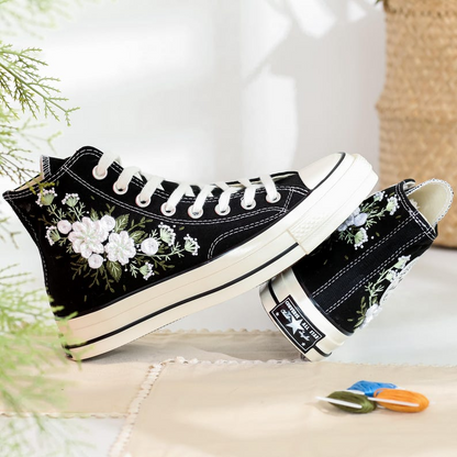 Custom Embroidered Converse High Tops, Custom Shoes Taylor 1970s White Flower Embroidered, Wedding Flower Embroidered Sneaker for Bride