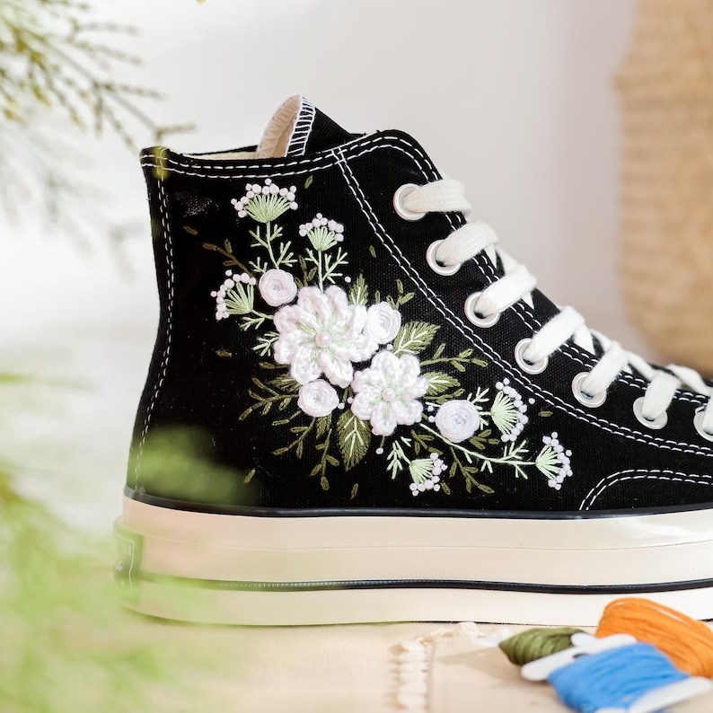 Custom Embroidered Converse High Tops, Custom Shoes Taylor 1970s White Flower Embroidered, Wedding Flower Embroidered Sneaker for Bride