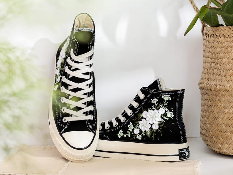 Custom Embroidered Converse High Tops, Custom Shoes Taylor 1970s White Flower Embroidered, Wedding Flower Embroidered Sneaker for Bride