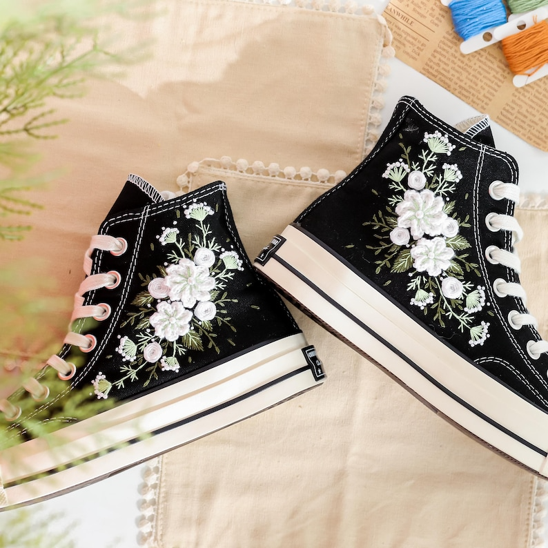 Custom Embroidered Converse High Tops, Custom Shoes Taylor 1970s White Flower Embroidered, Wedding Flower Embroidered Sneaker for Bride