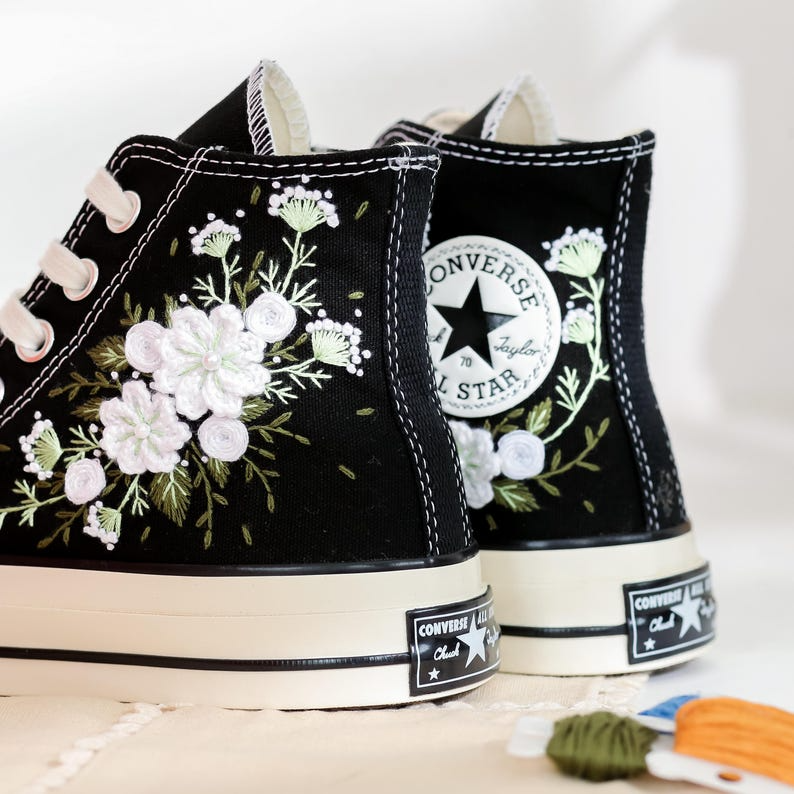 Custom Embroidered Converse High Tops, Custom Shoes Taylor 1970s White Flower Embroidered, Wedding Flower Embroidered Sneaker for Bride