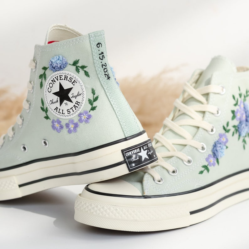 Custom Embroidered Converse High Tops, Blue Flower Embroidered Converse Shoes, Blue and Purple flowers Embroidered Sneakers, Gifts for Her