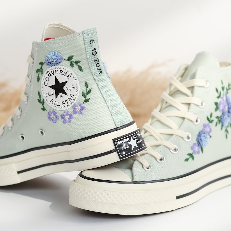 Custom Embroidered Converse High Tops, Blue Flower Embroidered Converse Shoes, Blue and Purple flowers Embroidered Sneakers, Gifts for Her