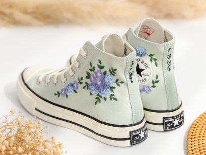 Custom Embroidered Converse High Tops, Blue Flower Embroidered Converse Shoes, Blue and Purple flowers Embroidered Sneakers, Gifts for Her