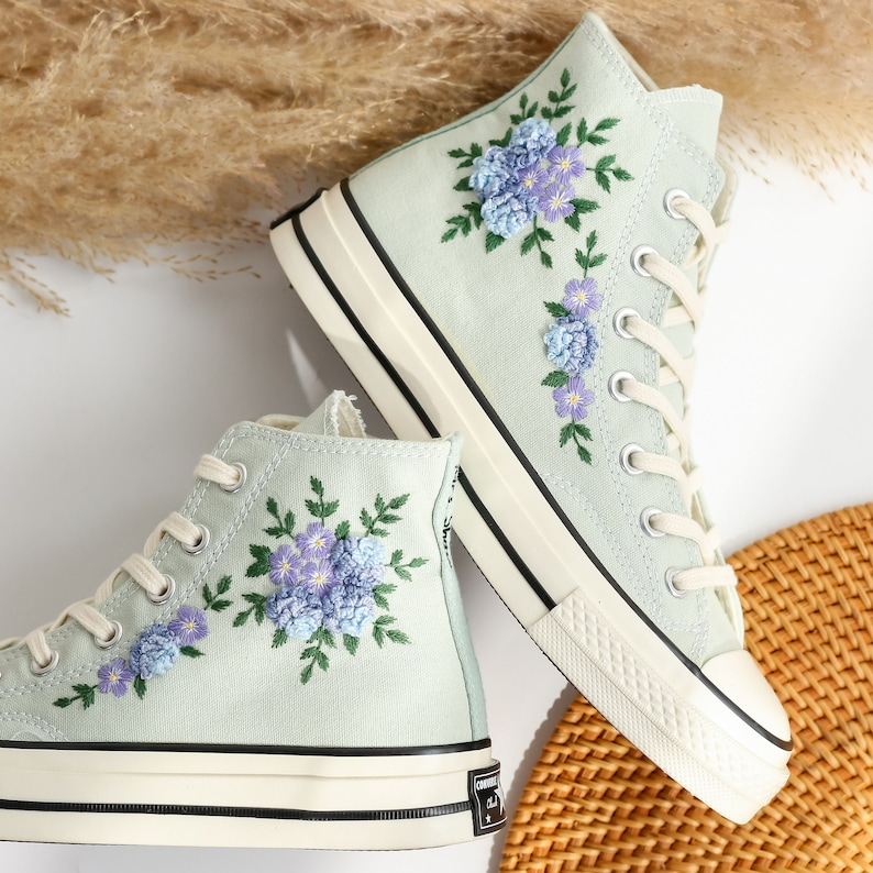 Custom Embroidered Converse High Tops, Blue Flower Embroidered Converse Shoes, Blue and Purple flowers Embroidered Sneakers, Gifts for Her