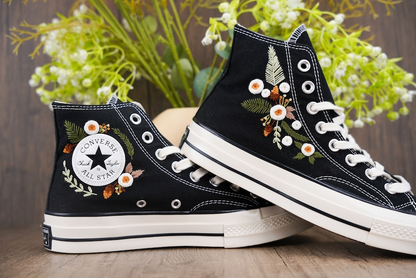 Custom Converse Chuck Taylor Embroidered, White Roses Hand Embroidered Converse, Wedding Flowers Shoes