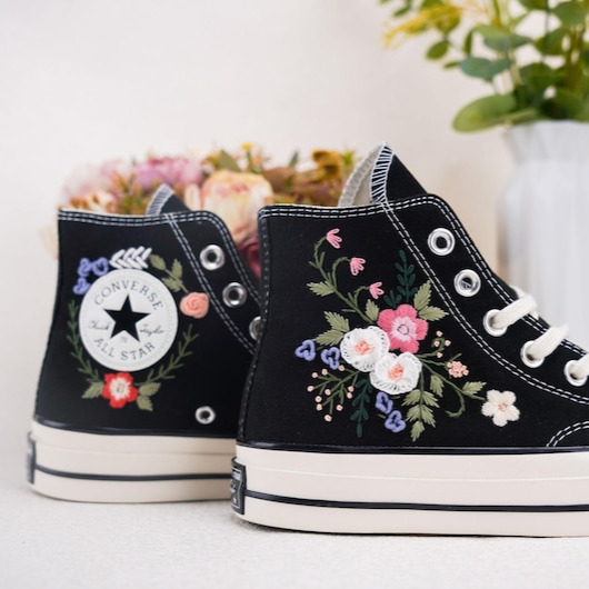 Custom Converse Chuck Taylor Embroidered, Colorful Roses Hand Embroidered Converse, Wedding Flowers Shoes