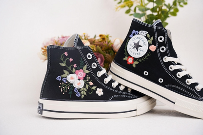 Custom Converse Chuck Taylor Embroidered, Colorful Roses Hand Embroidered Converse, Wedding Flowers Shoes