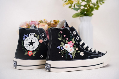 Custom Converse Chuck Taylor Embroidered, Colorful Roses Hand Embroidered Converse, Wedding Flowers Shoes