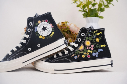 Custom Converse Chuck Taylor Embroidered, Colorful Flowers Hand Embroidered Converse, Wedding Flowers Shoes