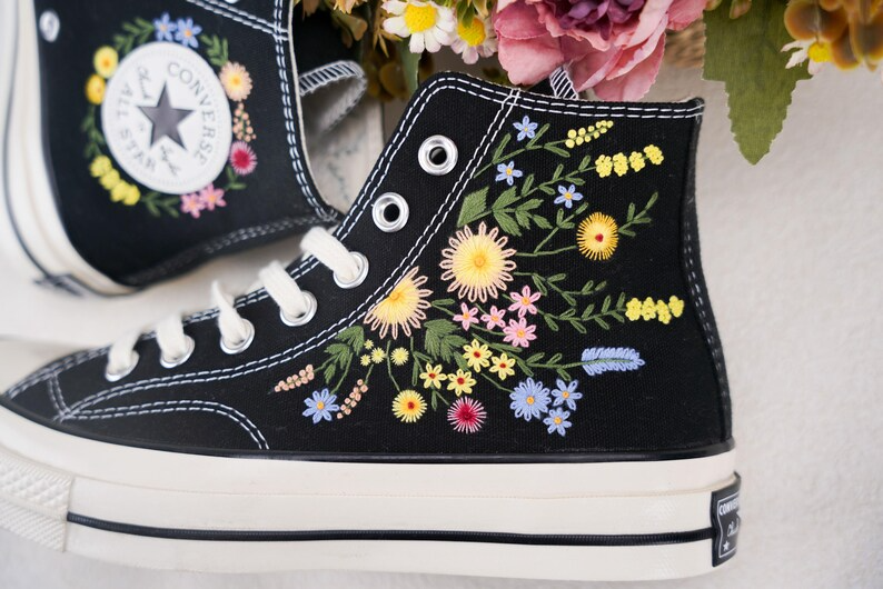 Custom Converse Chuck Taylor Embroidered, Hand Embroidered Converse, Custom Wedding Flowers