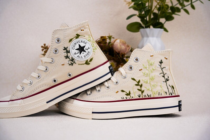 Custom Converse Chuck Taylor Embroidered, Small Floral And Bee Hand Embroidered Converse, Wedding Flowers Shoes