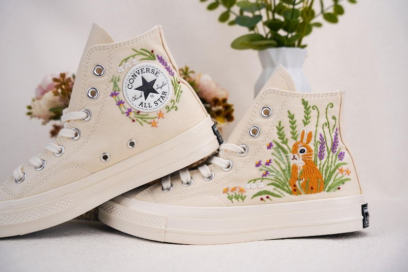 Custom Converse Chuck Taylor Embroidered, Lavender Flower And Rabbit Hand Embroidered Converse, Wedding Flowers Shoes