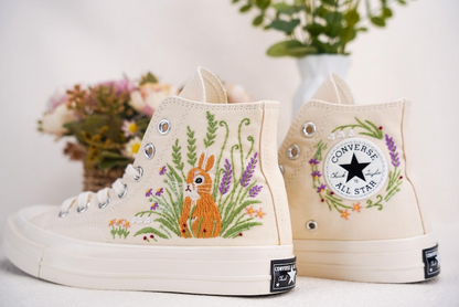 Custom Converse Chuck Taylor Embroidered, Lavender Flower And Rabbit Hand Embroidered Converse, Wedding Flowers Shoes