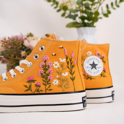 Custom Converse Chuck Taylor Embroidered, Small Flower Garden And Bee Hand Embroidered Converse, Wedding Flowers Shoes