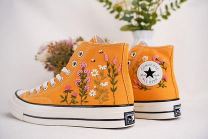 Custom Converse Chuck Taylor Embroidered, Small Flower Garden And Bee Hand Embroidered Converse, Wedding Flowers Shoes