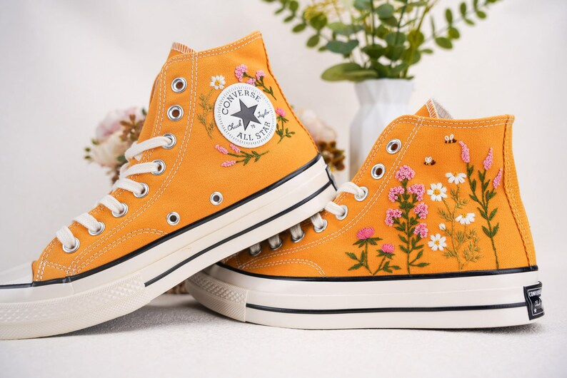 Custom Converse Chuck Taylor Embroidered, Small Flower Garden And Bee Hand Embroidered Converse, Wedding Flowers Shoes