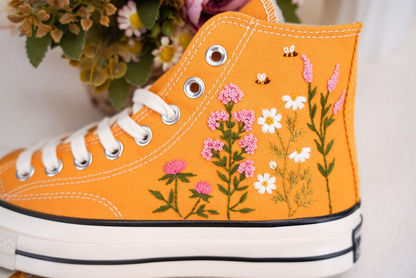 Custom Converse Chuck Taylor Embroidered, Small Flower Garden And Bee Hand Embroidered Converse, Wedding Flowers Shoes